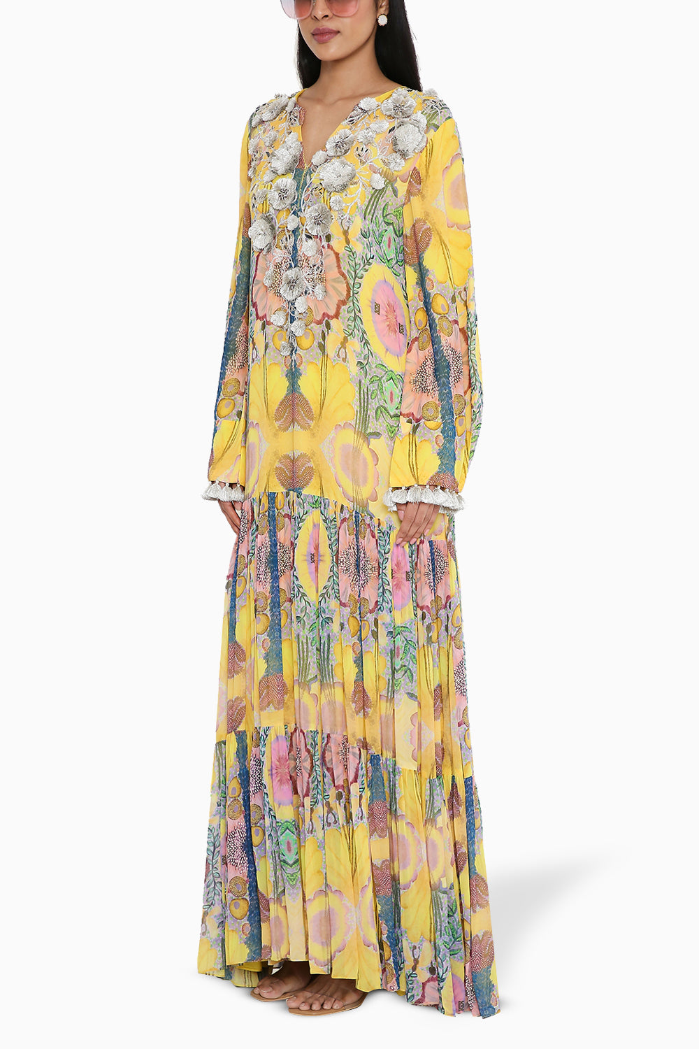 Yellow Enchanted Print Embroidered Boho Dress