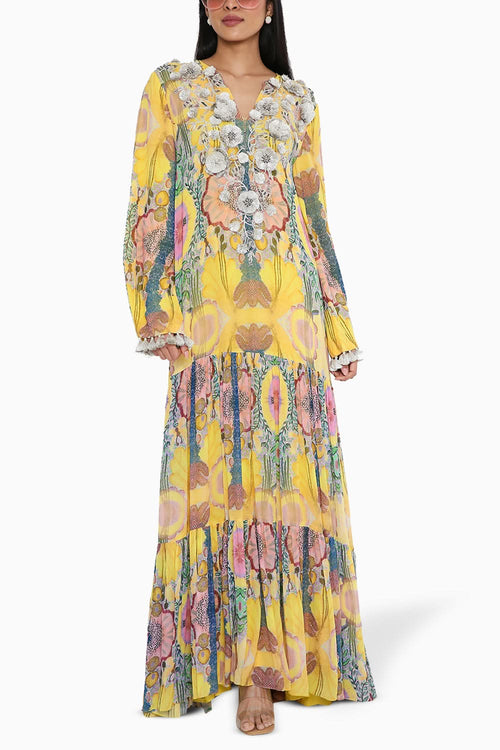 Yellow Enchanted Print Embroidered Boho Dress