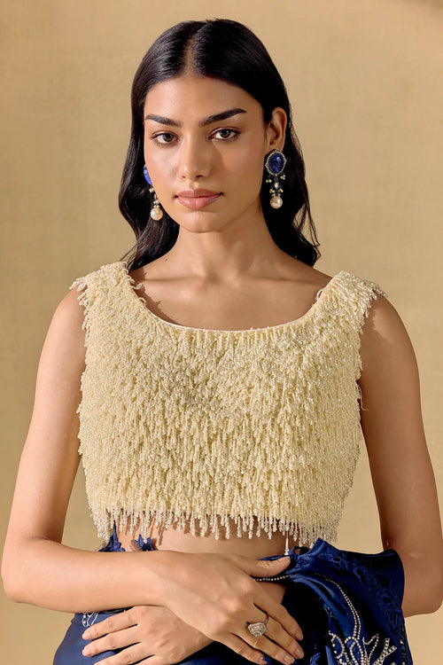 Indigo And Silver Embellished Saree With Bustier