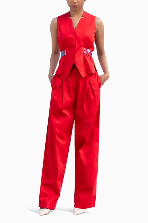 Red Waist Coat Pants Set