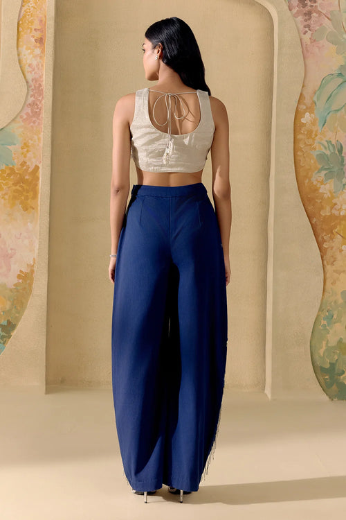 Silver Beaded Smocked Bustier And Pants Set