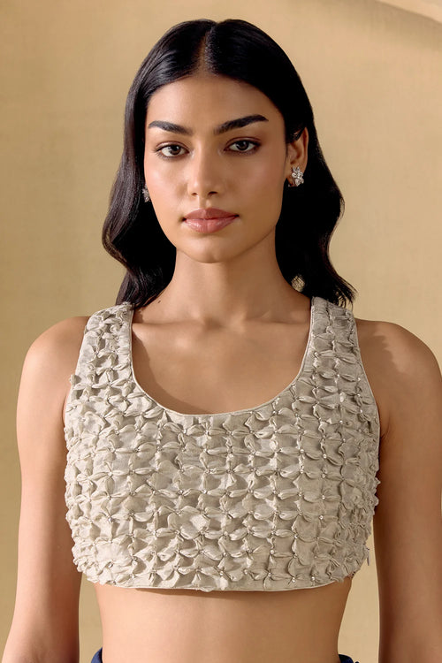 Indigo And Silver Embellished Jacket With Bustier And Pants