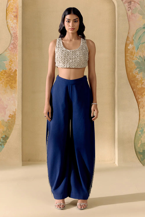Silver Beaded Smocked Bustier And Pants Set