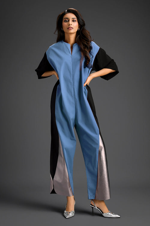 Blue Metallic Colorblock Jumpsuit