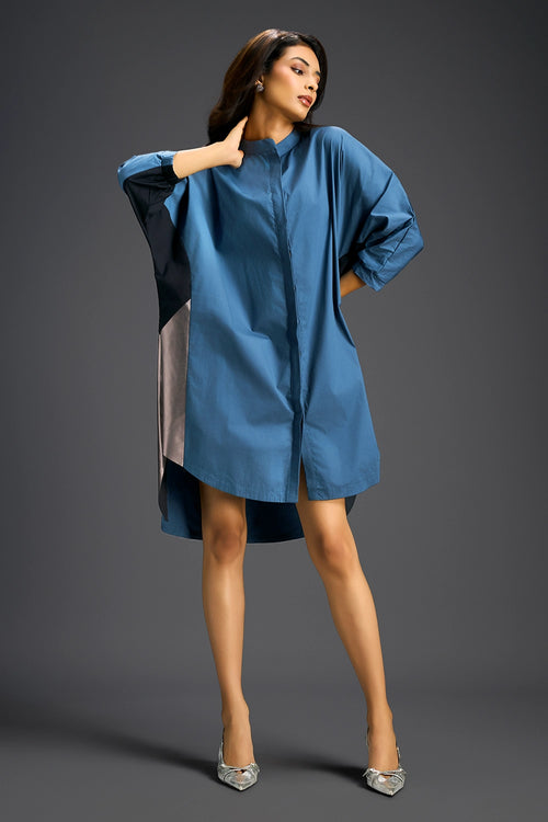 Blue Oversized Panel Shirt Dress
