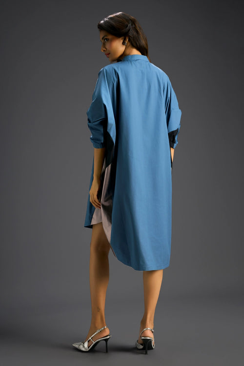 Blue Oversized Panel Shirt Dress
