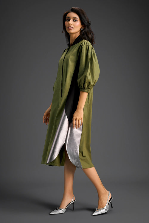 Olive Balloon Sleeve Midi Dress