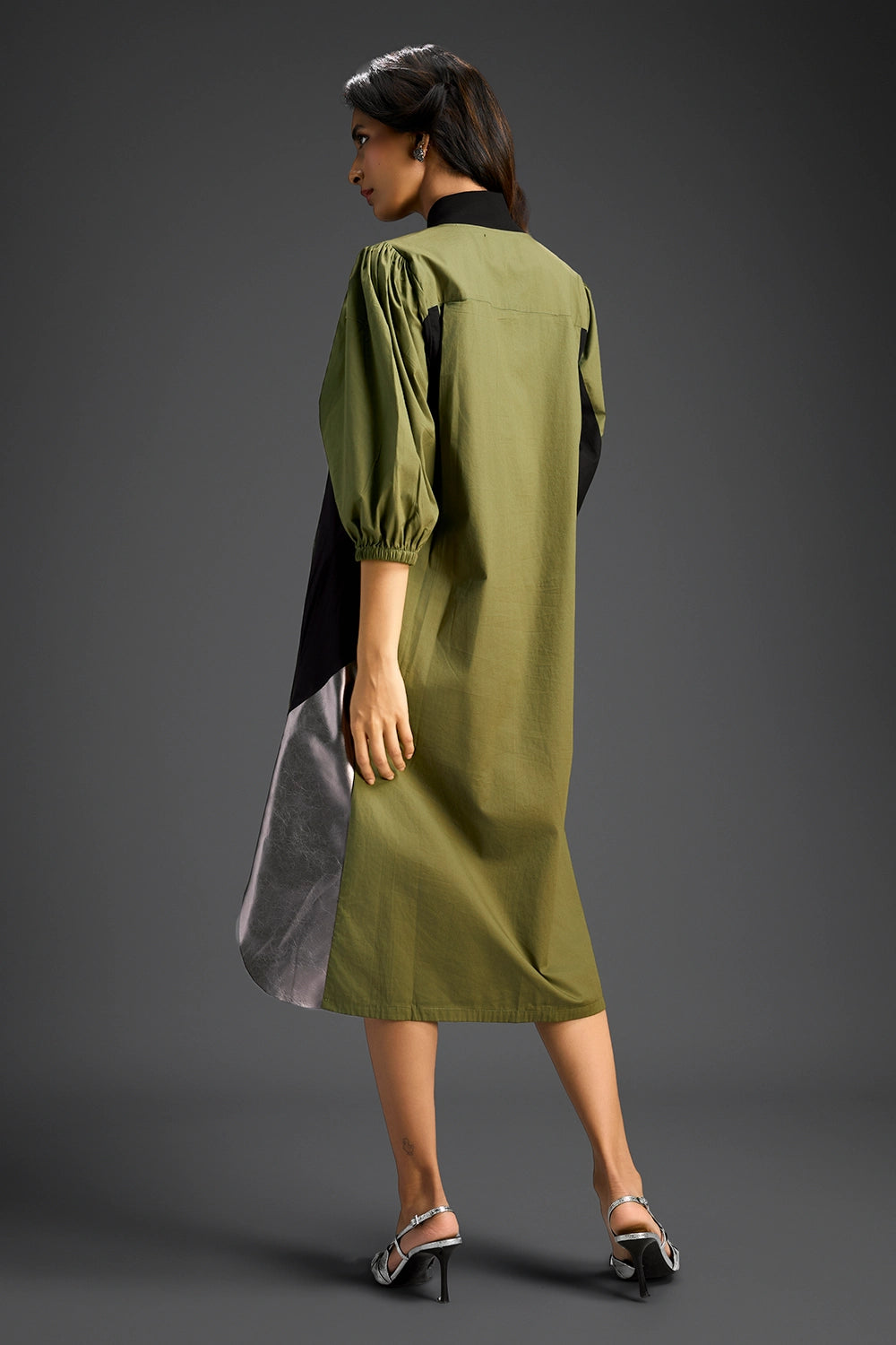 Olive Balloon Sleeve Midi Dress