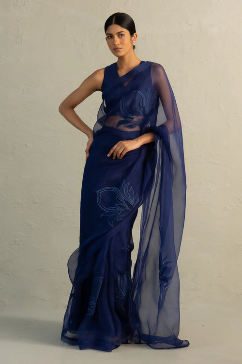 Blue Edit Organza Appliqué Saree