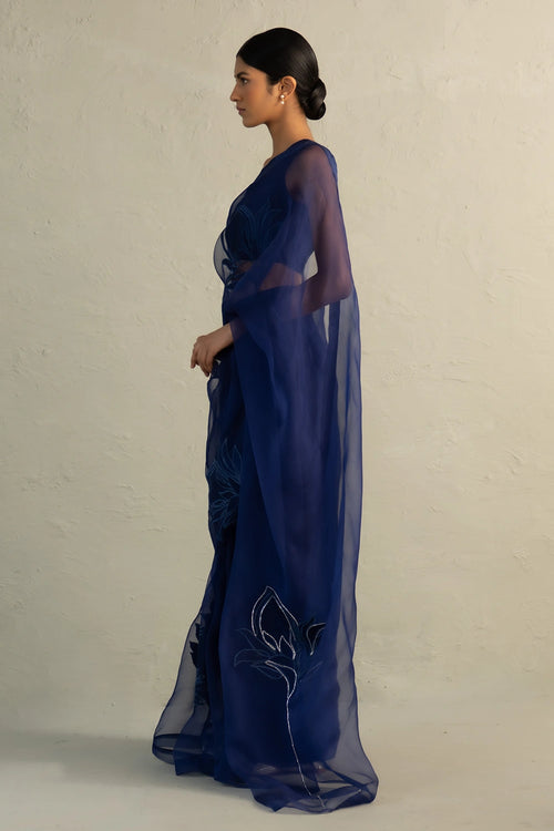 Blue Edit Organza Appliqué Saree