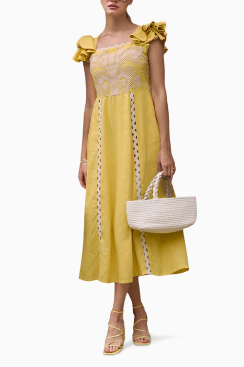 Flutter Sleeve & Honeycomb Embroidered Dress