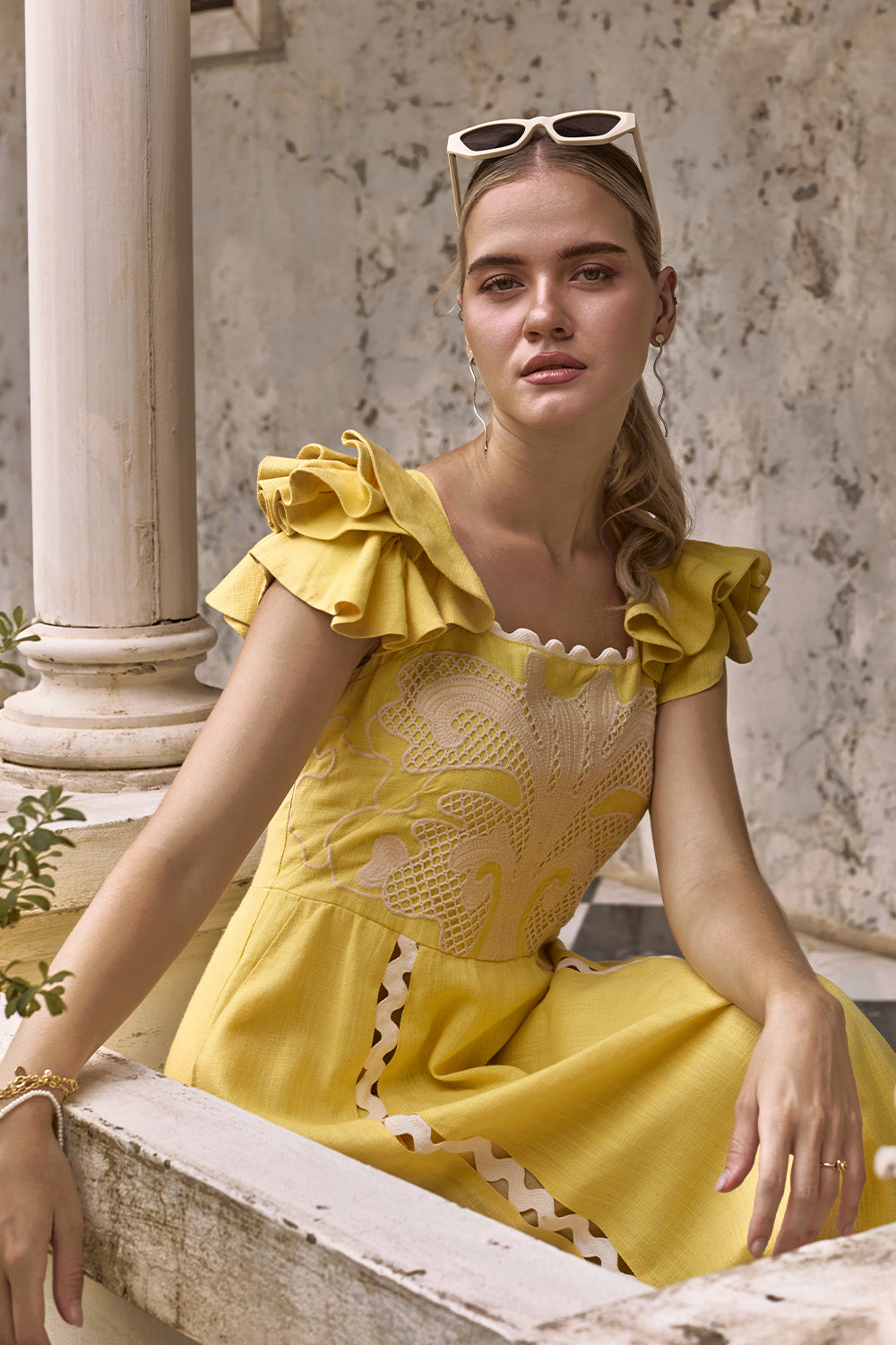 Flutter Sleeve & Honeycomb Embroidered Dress