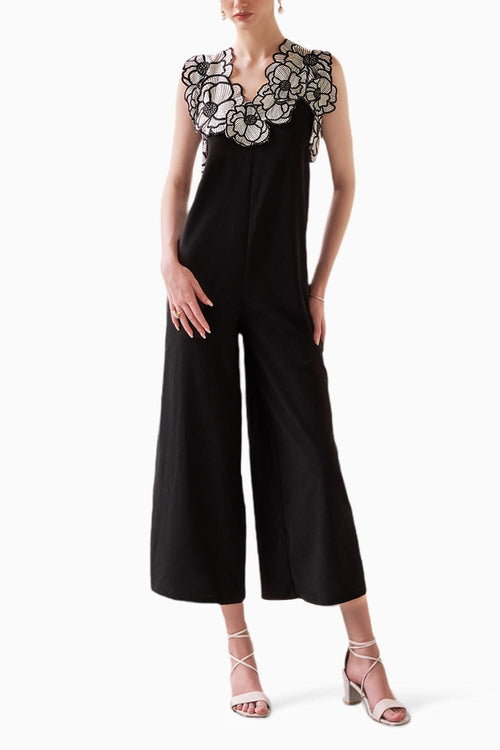Monochrome Applique Flowers Jumpsuit