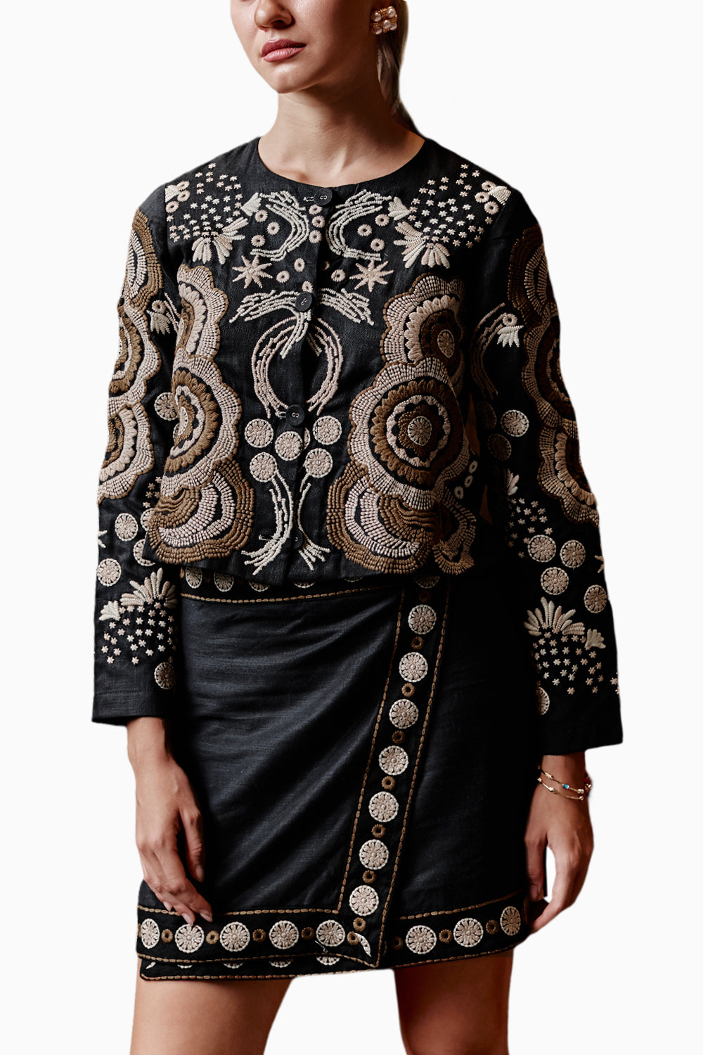 Katerina Embroidered Jacket with A-Wrap Skirt Set