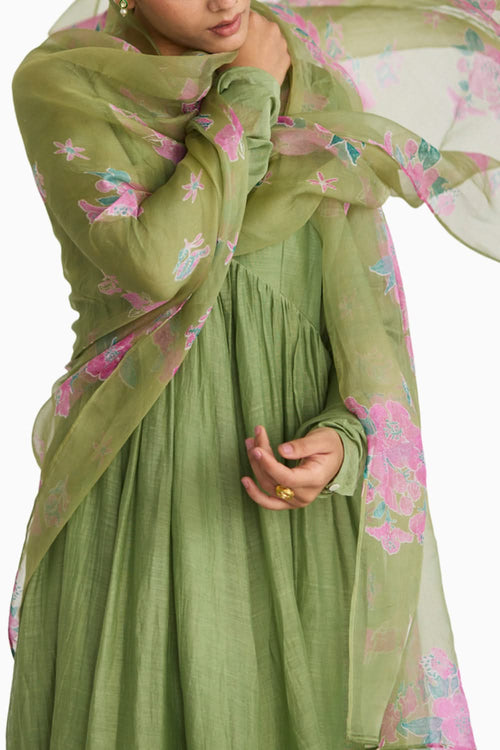 Bougainvillea Sage Green Anarkali Set with Dupatta