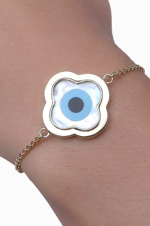 Gold Large Clover Evil Eye Chain Bracelet