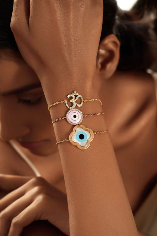 Gold Large Clover Evil Eye Chain Bracelet