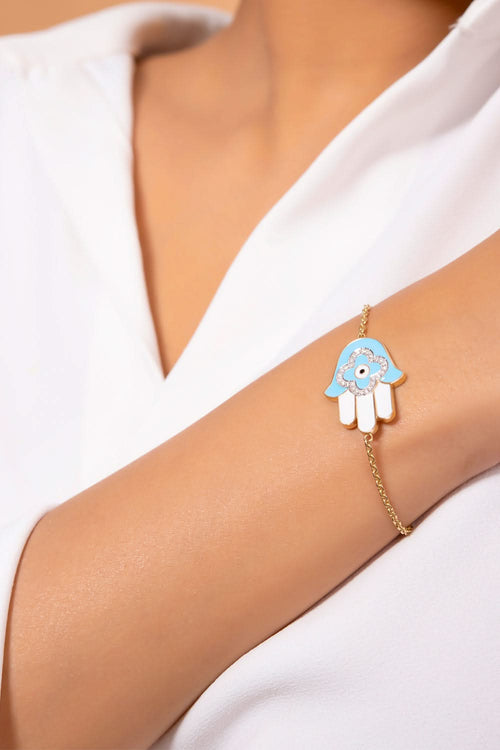 Turquoise Enamel Hamsa Hand Diamond Bracelet