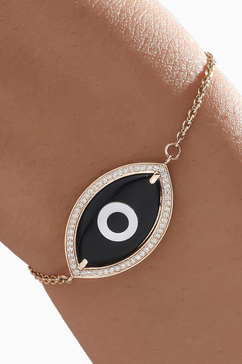 Gold Medium Marquise Black Onyx Evil Eye Diamond Chain Bracelet