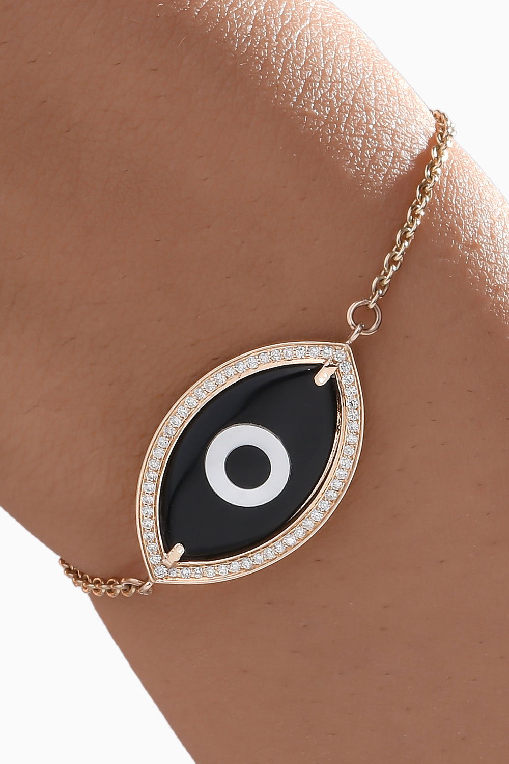 Gold Medium Marquise Black Onyx Evil Eye Diamond Chain Bracelet