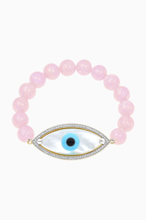 Gold Large Marquise Evil Eye Diamond Bracelet with Pink Opal Beads