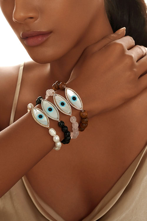 Gold Large Marquise Evil Eye Diamond Bracelet with Pink Opal Beads