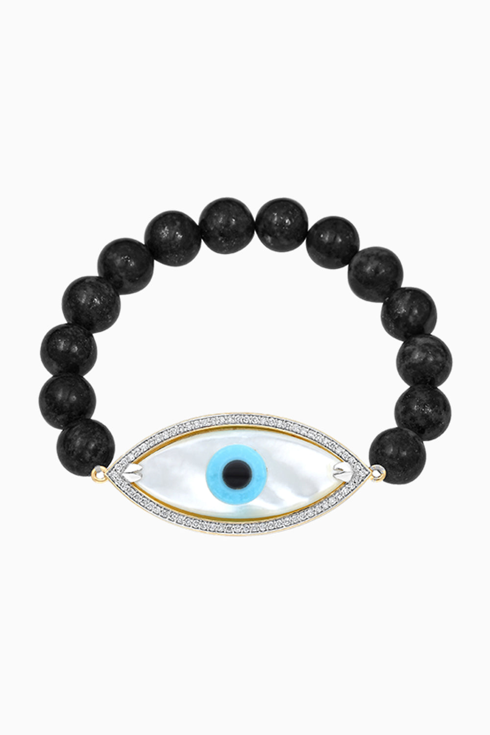 Gold Large Marquise Evil Eye Diamond Bracelet with Black Onyx Beads