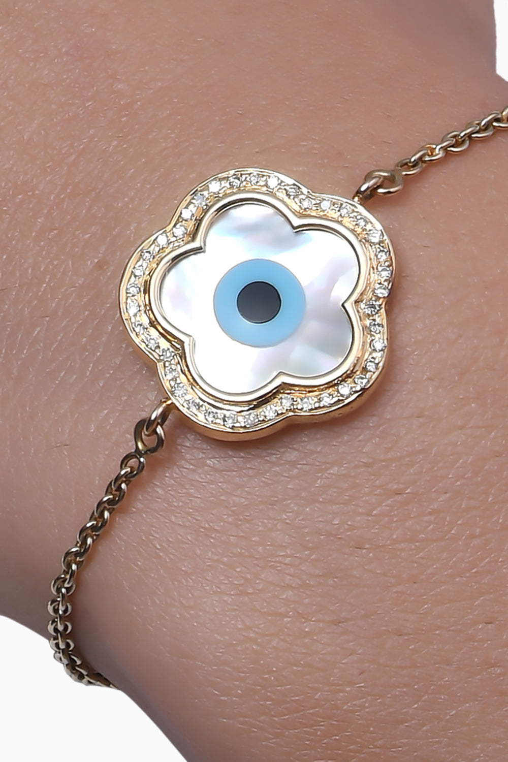 Gold Small Flower Evil Eye Diamond Chain Bracelet