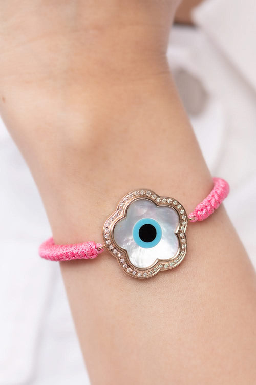 Large Flower Evil Eye Diamond Cord Rakhi 14KT Gold Bracelet