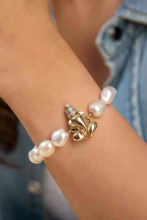 Ganesha Diamond Pearl 14KT Gold Bracelet