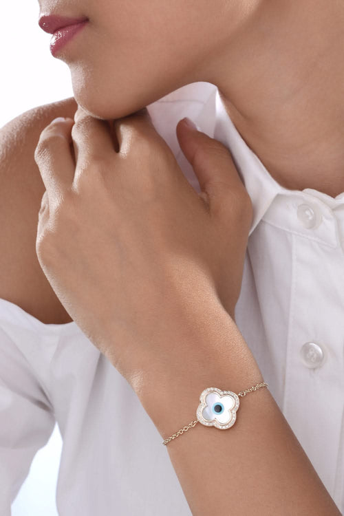Small Clover Evil Eye Diamond Chain 14KT Gold Bracelet