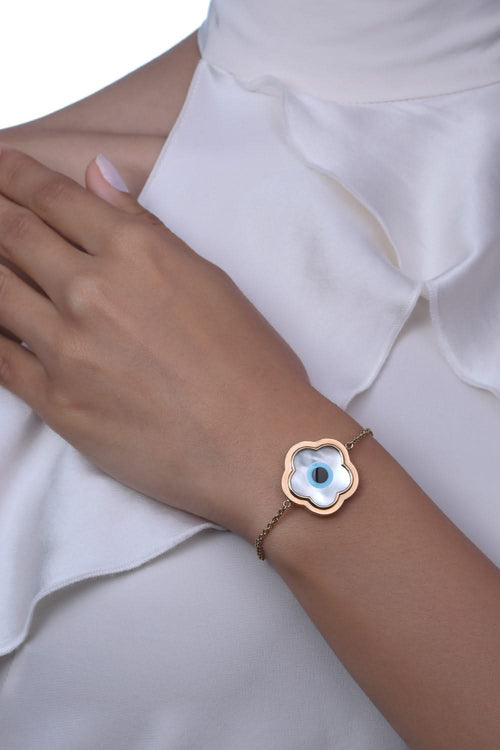 Large Flower Evil Eye Chain 14KT Gold Bracelet