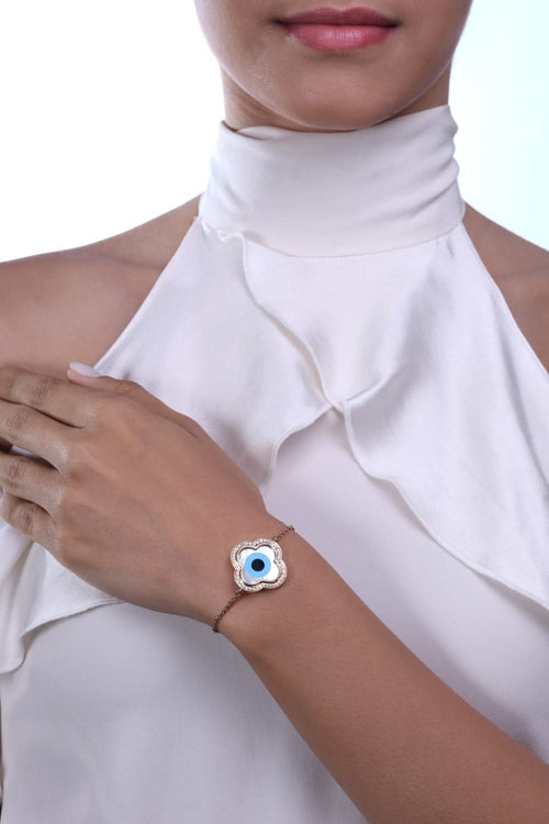 Large Clover Evil Eye Diamond Chain 14KT Gold Bracelet