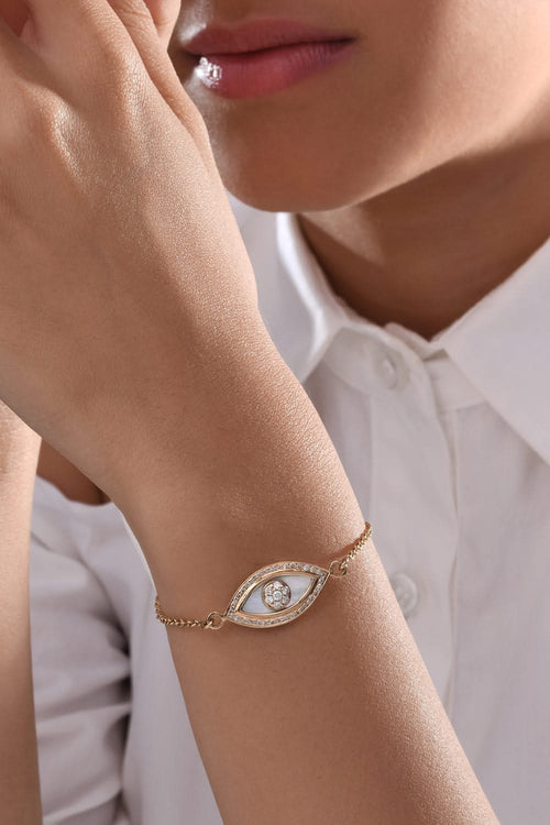 Medium Marquise Evil Eye Diamond inlay Chain 14KT Gold Bracelet
