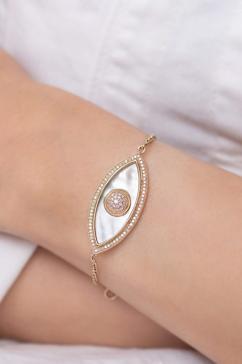 Large Marquise Evil Eye Diamond inlay Chain 14KT Gold Bracelet