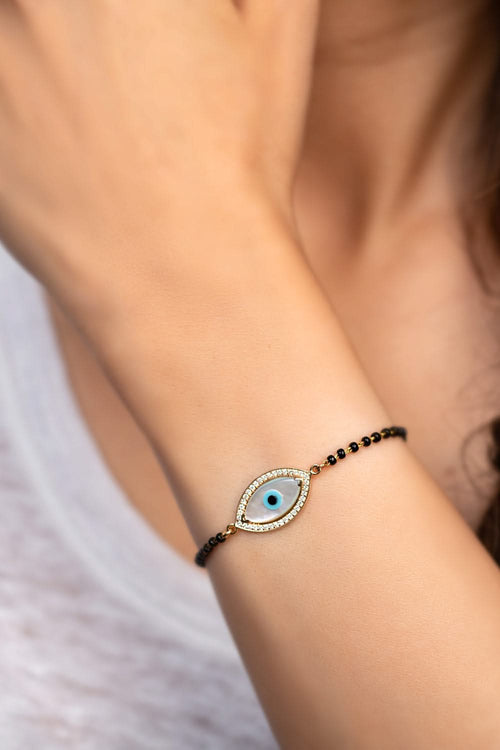 Small Marquise Evil Eye Diamond Nazar Bead 14KT Gold Bracelet