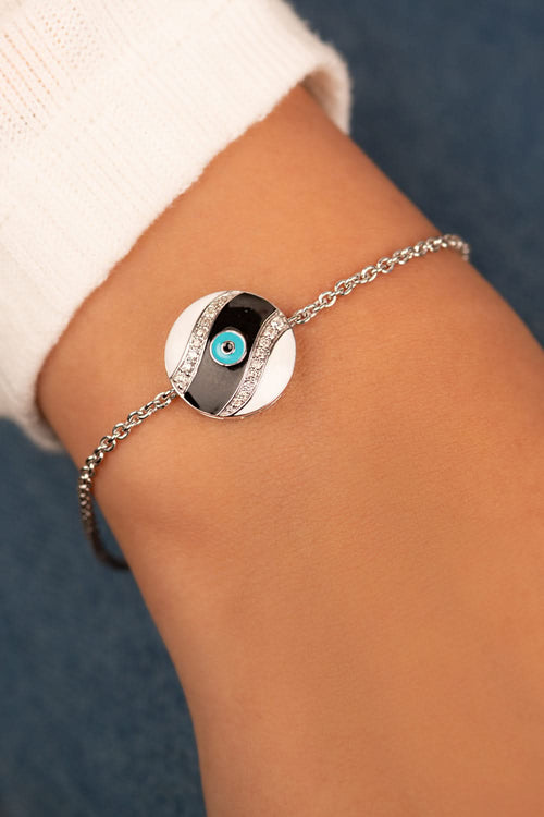 Black & White Enamel Evil Eye Diamond Chain 14KT Gold Bracelet