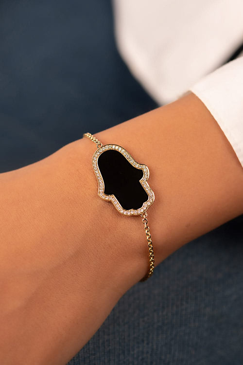 Hamsa Hand Enamel Diamond Chain 14KT Gold Bracelet