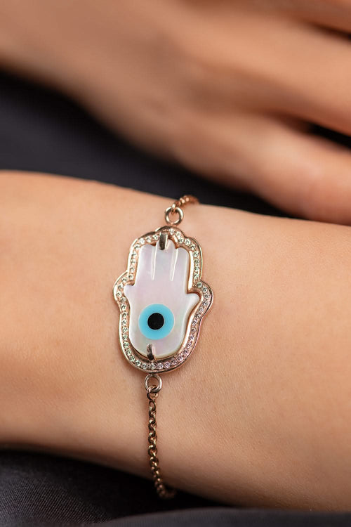 Large Hamsa Hand Evil Eye Diamond Chain 14KT Gold Bracelet