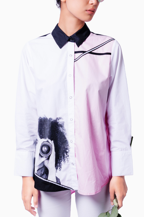Pink and White Cotton Shirt with Pleated Back