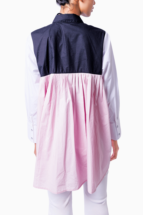 Pink and White Cotton Shirt with Pleated Back