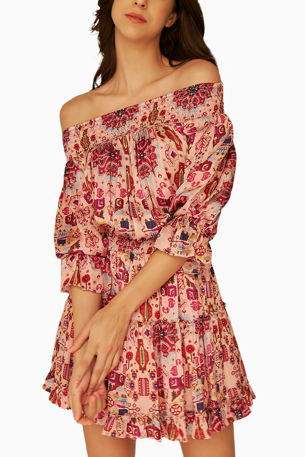 Pink Kashan Print Off Shoulder Dress