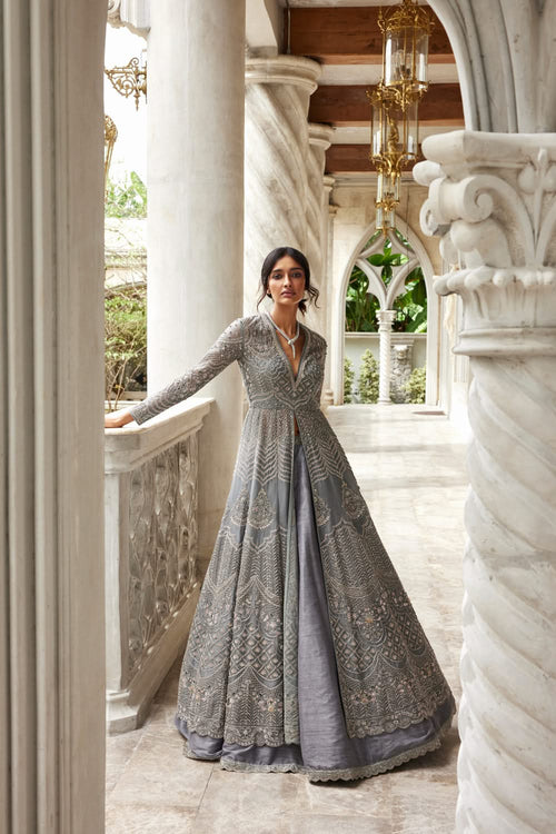 Teal Blue Embroidered Lehenga with Anarkali