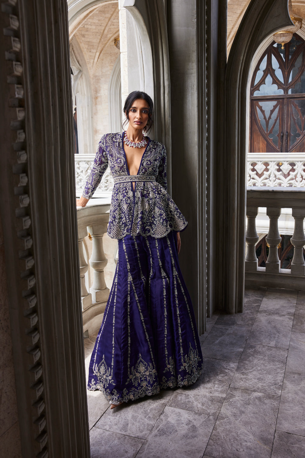 Purple Embroidered Sharara and Jacket with Belt