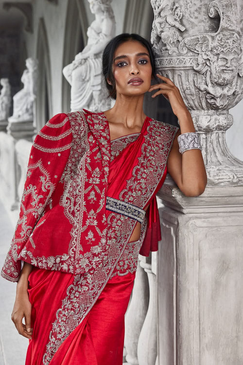 Red Embroidered Saree and Jacket with Belt