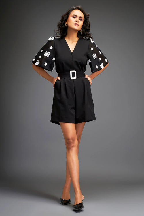 Black Playsuit With Embroidered Sleeves
