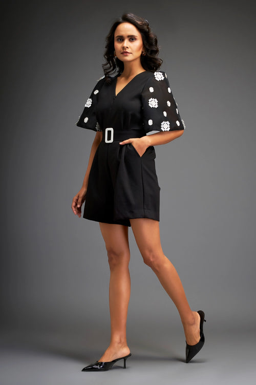 Black Playsuit With Embroidered Sleeves