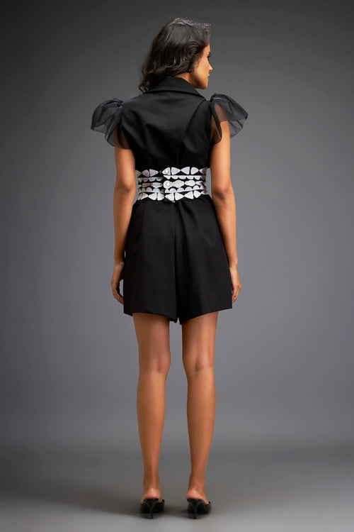 Black Playsuit With Geometric Belt