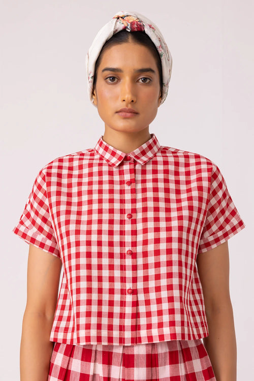 Emily Red Checkered Handwoven Top