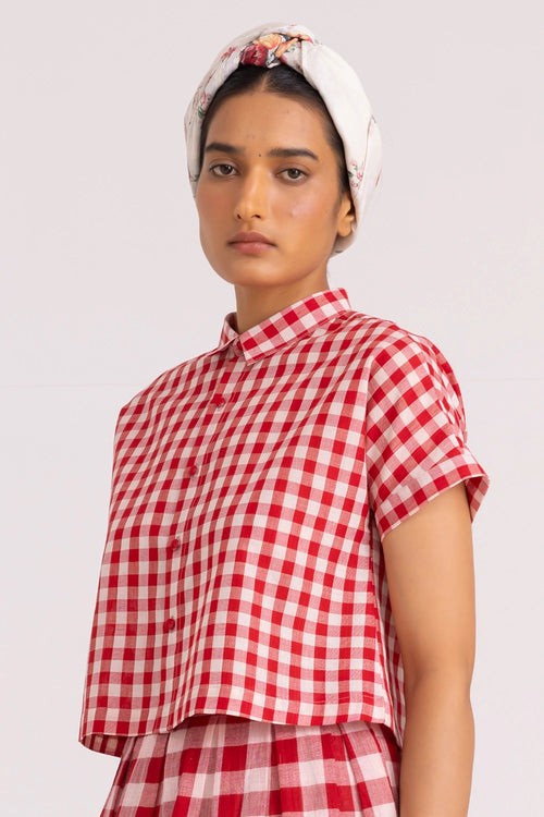 Emily Red Checkered Handwoven Top